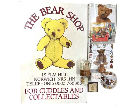 A mixed lot of Teddy Bear related collectibles to include a large sign for The Elm Hill Bear Shop (Norwich), 3 teddy bear boo