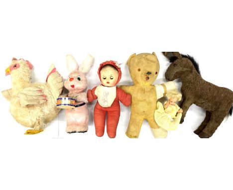 A mixed lot of vintage stuffed toys and dolls, to include: - Duracell Bunny drummer - Cockerel - Cloth teddy bear - Donkey wi