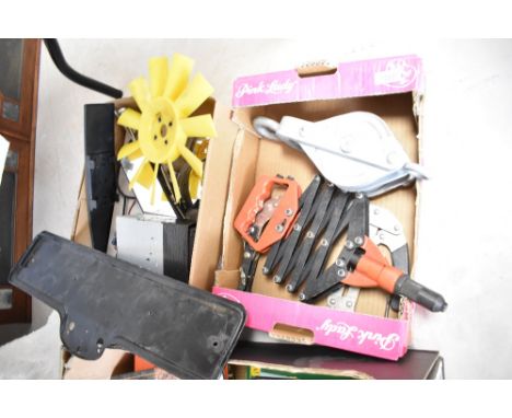 Two boxes including tools, pop rivetter, valve press, mirrors, radios, etc