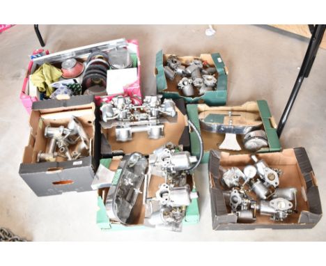 Six boxes of Automobilia including SU Carbs, SU Parts and Filters, Twin Carbs, Manifolds and Performance piston etc