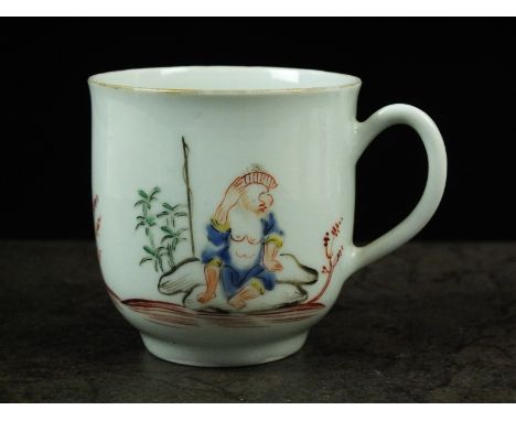 A Worcester polychrome 'Pu-Tai' coffee cup, circa 1765, painted in polychrome with a Buddha and attendants, unmarked, 6cm hig