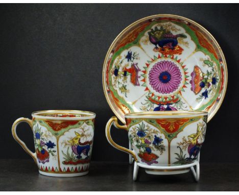 A Chamberlains, Worcester 'Dragons in Compartments' or 'Bengal Tiger' trio, late 18th century, comprising coffee cup, teacup 