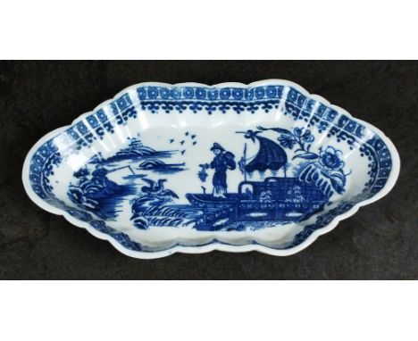 A Caughley spoon tray, circa 1780, of elongated hexagonal form, transfer-printed in underglaze blue with the Fisherman patter