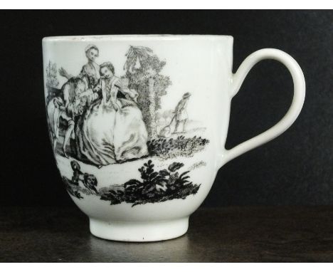 A Worcester coffee cup, circa 1765-70, transfer-printed in black with 'L'amour' pattern, after an engraving by Robert Hancock