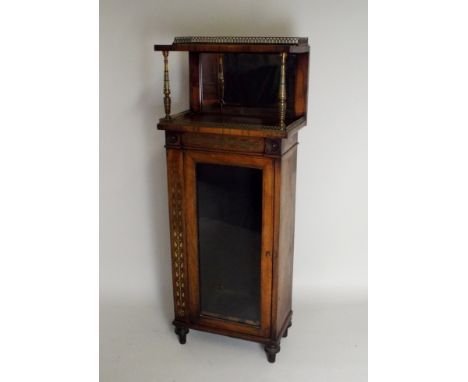 A Regency rosewood brass inlaid mirror back cabinet (a conversion), of narrow rectangular form with galleried top shelf over 