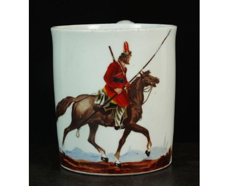 A Chamberlain's Worcester mug, titled, 'A Don Cossack', circa 1815, printed with a Cossack on horseback, a spear in one hand,