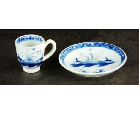 A Caughley Toy coffee cup and saucer, circa 1780-1790, painted in underglaze blue with the Island pattern, coffee cup 4cm hig