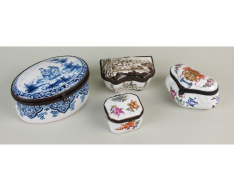 A group of 19th century boxes, comprising an oval blue and white enamel example, probably French or German, painted in the bl