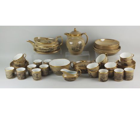 A composite Spode terracotta drabware tea and coffee service, circa 1810, pattern 557, with gilded decoration and bat-printed