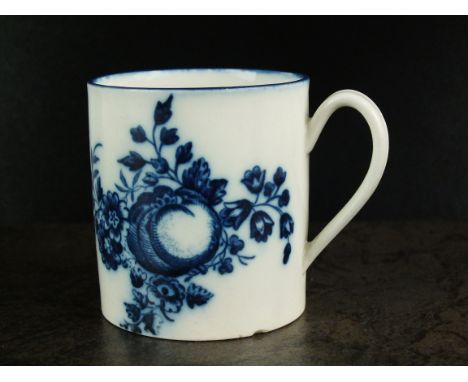 A small Caughley coffee can, circa 1777-84, transfer-printed in underglaze blue with the Apple and Damsons pattern, below a s