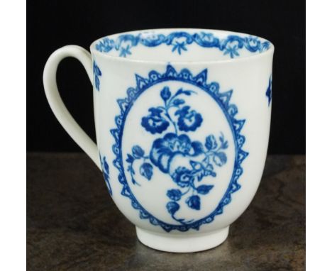 A Caughley coffee cup, circa 1780, of plain form, with indented loop handle, transfer-printed in underglaze blue with the Fru