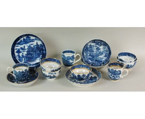 An assorted collection of Caughley blue and white landscape porcelain, circa 1780-90, comprising five teabowls, five saucers/