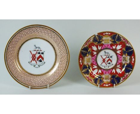 Two Barr, Flight and Barr Royal Worcester armorial plates, each bearing a family coat of arms above the motto 'Virtus Sola No