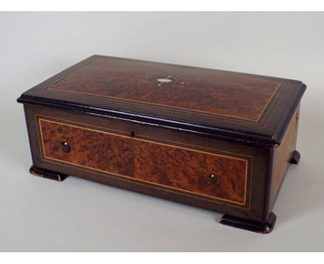 A mid 19th century Swiss music box, the ebony and burr veneered case with central stylised mother of pearl inlay to the lid, 