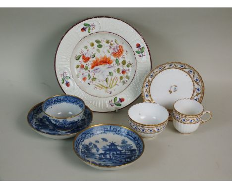 New Hall to include a plate, possibly for bread and butter, pattern 2350, decorated with orange flowers within purple and gre