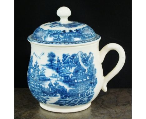 A Caughley baluster form custard cup with cover, with plain loop handle and ball knop, circa 1780, transfer printed in underg
