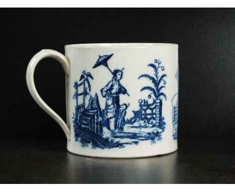 A large Caughley porter mug, circa 1780, transfer-printed in underglaze blue with the La Promenade Chinoise pattern, accompan
