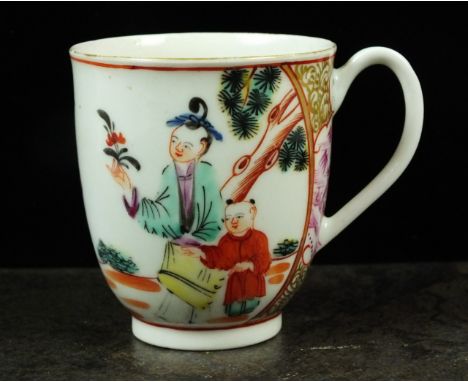 A Worcester Chinoiserie coffee cup, painted in polychrome with a continuous panel of Chinese lady holding flowers and other f