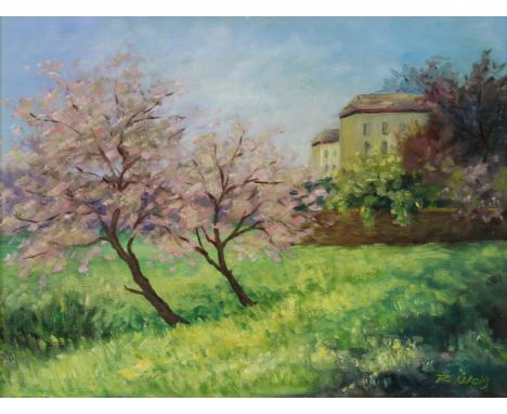   Weiß, Rudolf (geb. 1928 Darmstadt, deutscher Landschaftsmaler, ansässig in Monschau), "Blühende Obstbäume", Öl auf Leinwand