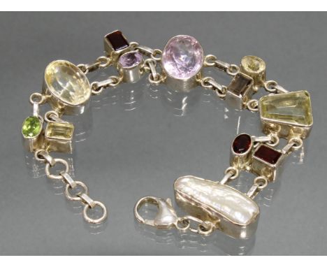   Armband, Silber 925, Biwaperle, Amethyst, Citrine, Rauchquarz, Peridot, Granat, 17.5 - 19.5 cm lang, 36 g          