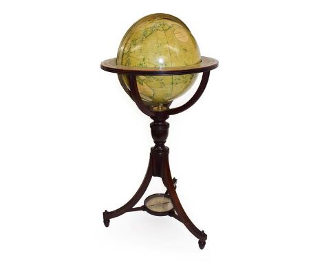 A Smith's 12'' Terrestrial Library Globe, circa 1846, with hand-coloured engraved gores, graduated brass meridian ring and ho