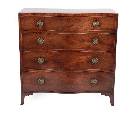 A George III Mahogany Serpentine Chest of Drawers, late 18th century, the four deep drawers above splayed bracket feet, 99cm 