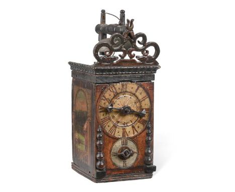 An Unusual Swiss/Bavarian Polychrome Painted Wooden Striking Alarm Wall Clock, 18th century, wooden case with polychrome pain