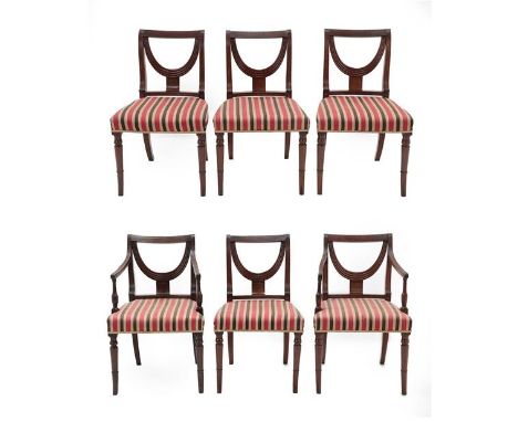 A Set of Six Regency Mahogany Dining Chairs, early 19th century, including two carvers, recovered in pink and cream striped f