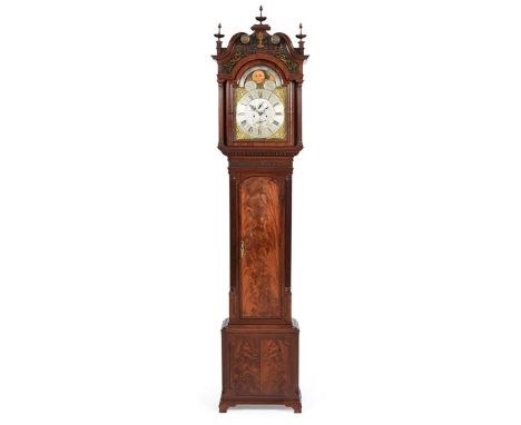 A Mahogany Eight Day Longcase Clock, signed Peter Clare, Manchester, circa 1780, swan neck pediment with a gilt painted front