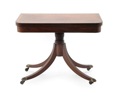 A Regency Mahogany, Rosewood, Ebony and Boxwood Strung Foldover Card Table, early 19th century, the hinged pivoting top enclo