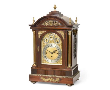 A Mahogany Chiming Table Clock, retailed by Webber, Liverpool, circa 1890, arched case with gilt metal finials, Corinthian si