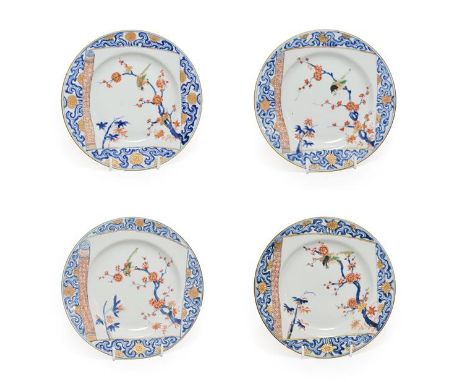 A Set of Four Chinese Imari Porcelain Plate, Kangxi/Yongzheng, painted in kakiemon style with birds in branches on scroll pan