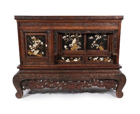 A Japanese Shibayama, Carved Hardwood and Ivory Decorated Shodana, late 19th century, of rectangular form with a carved friez