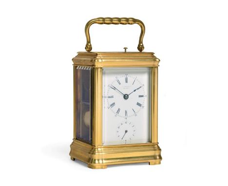 A Brass Striking and Repeating Alarm Carriage Clock, retailed by E W Streeter, London, circa 1890, case with carrying handle 