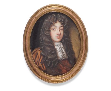 English School (late 17th century): Miniature Portrait of a Man,  wearing an ochre coloured gown and lace jabot, oil on coppe