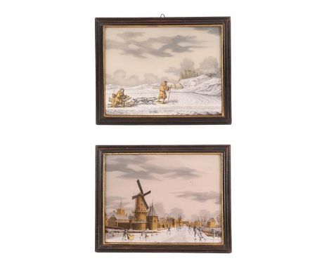 A Pair of Verre Eglomisé Pictures by Jonas Zeuner (1722-1814), worked in silver and gold with winter landscapes depicting two