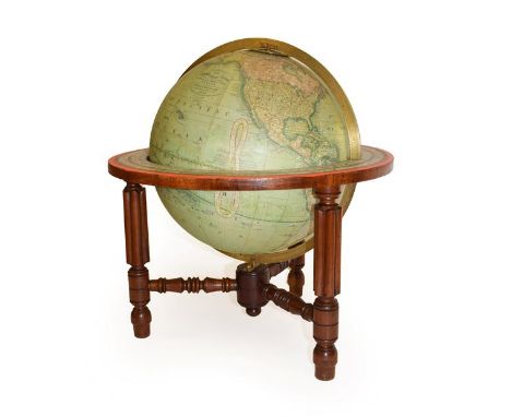 A Crutchley's 12'' Terrestrial Globe, circa 1865, with covered engraved gores, calibrated brass meridian and horizon ring, wi