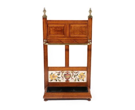 A Victorian Oak and Tile-Back Three-Division Stick Stand, attributed to James Shoolbred, the moulded panel back with turned b