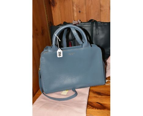 TWO RADLEY HANDBAGS, comprising a green leather Radley tote bag with dusky pink Radley dust bag and a pastel blue hand bag wi