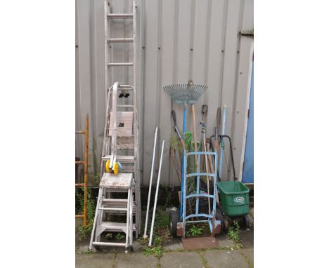 A SELECTION OF ALUMINIUM STEPS AND GARDENING TOOLS including a small double extension ladder with nine rungs to each 250cm le