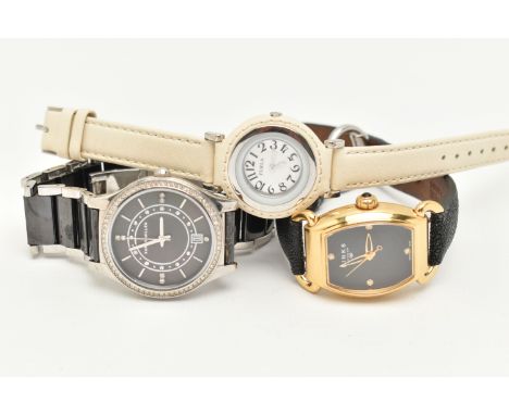 THREE LADIES FASHION WRISTWATCHES, to include a quartz 'Karen Millen' paste set watch fitted with a ceramic bracelet and depl