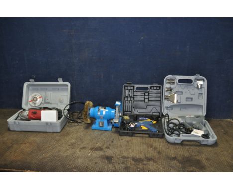 A COLLECTION OF POWER TOOLS including an Earlex Heat gun, a Silverline bench grinder with one wire wheel and one grinding dis