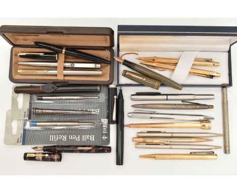 A BOX OF ASSORTED PENS, to include a cased set of 'Caran D' Ache pen and pencil, a 'Parker' Victory foutain pen, nib stamped 