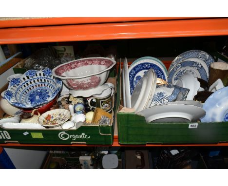 THREE BOXES AND LOOSE CERAMICS AND GLASSWARE to include a blue and white reticulated fruit bowl, an Adams English Scenic wash