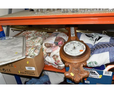 TWO BOXES AND LOOSE SUNDRIES, to include three applique handmade quilted throws, a set of curtains with a William Morris styl