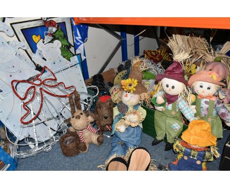 THREE BOXES AND LOOSE CHRISTMAS LIGHTS AND HALLOWEEN ORNAMENTS to include a box of ornamental scarecrow in various sizes and 