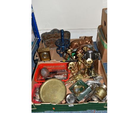 TWO BOXES OF MISCELLANOEUS METALWARE to include a  group of assorted copper jelly moulds comprising a fish, a cat, a large fr