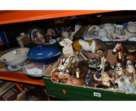 THREE BOXES AND LOOSE CERAMICS AND COLLECTABLES, to include sixteen pieces of Denby 'Ode' dinner ware, a Denby Classic blue c