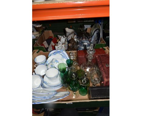 TWO BOXES OF MIXED CERAMICS AND GLASSWARE to include a group of green aperitif glasses, a quantity of blue and white floral t