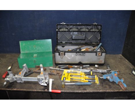TWO TOOLBOXES CONTAINING TOOLS including Britool rachet and sockets, a Zyliss   and a Draper vices, a Record No 12 Stilson, e